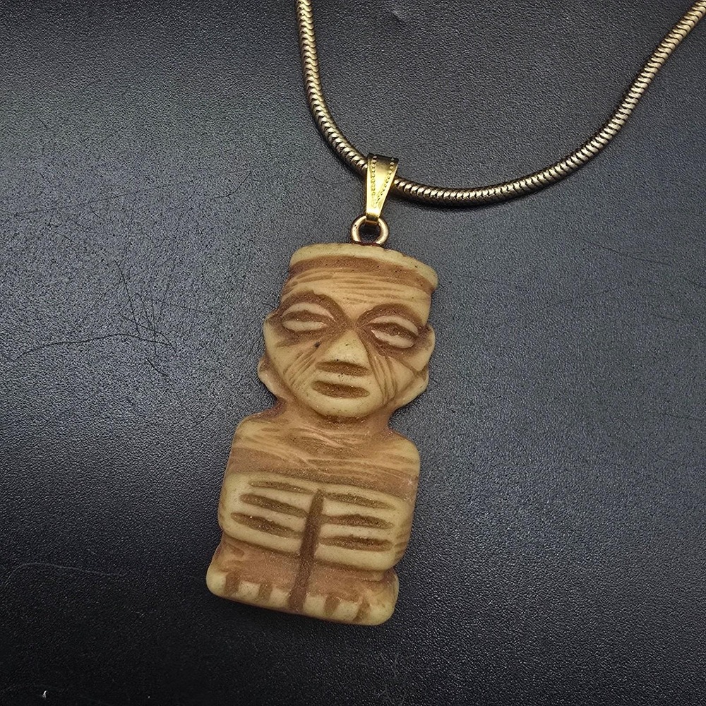 Tribal Tiki Pendant Necklace Gold Tone VIntage Costume Jewelry